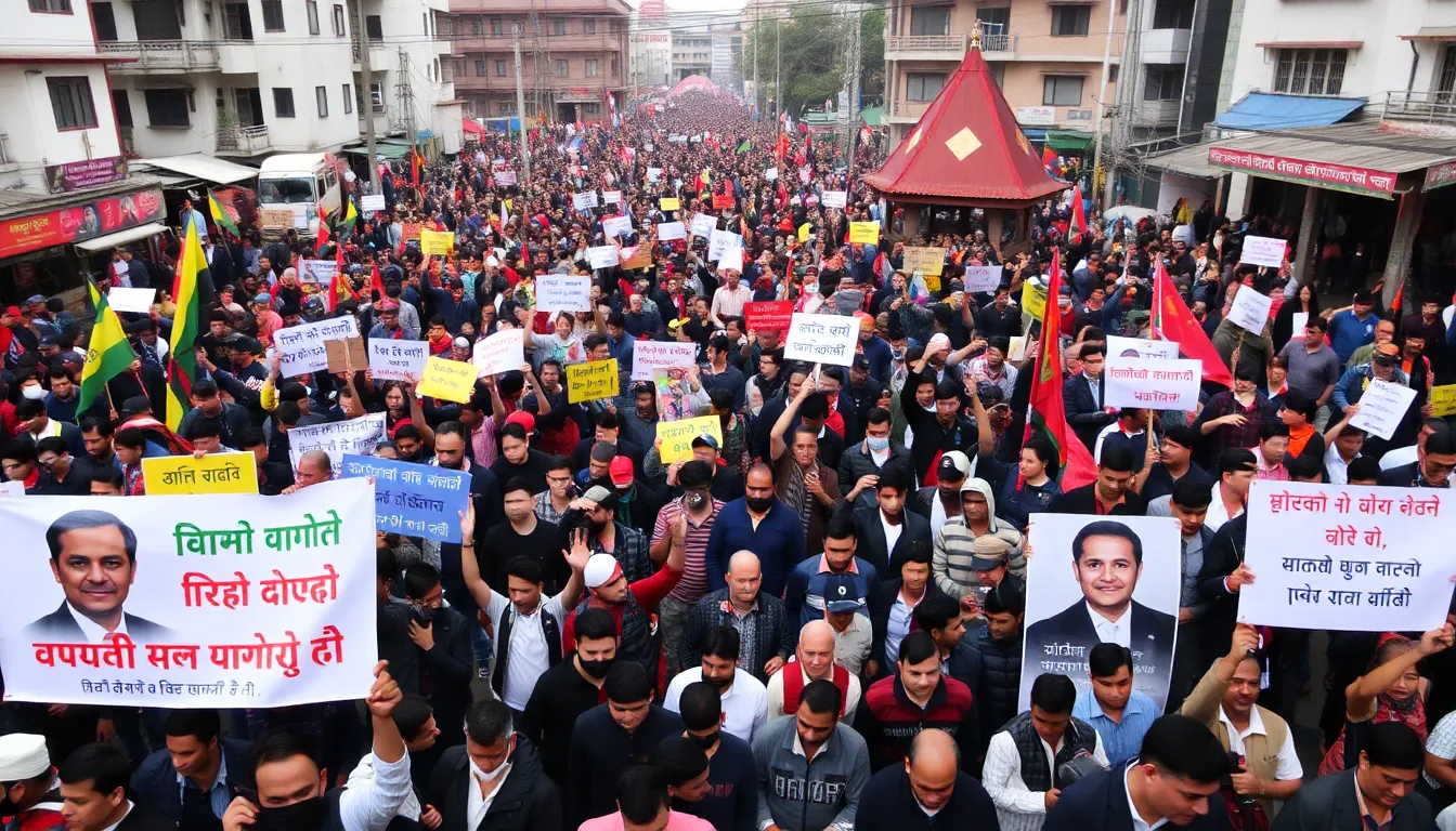 A group of political supporters stands united, displaying banners that emphasize their belief in the former Prime Minister as a defender of the people's rights amid rising tensions