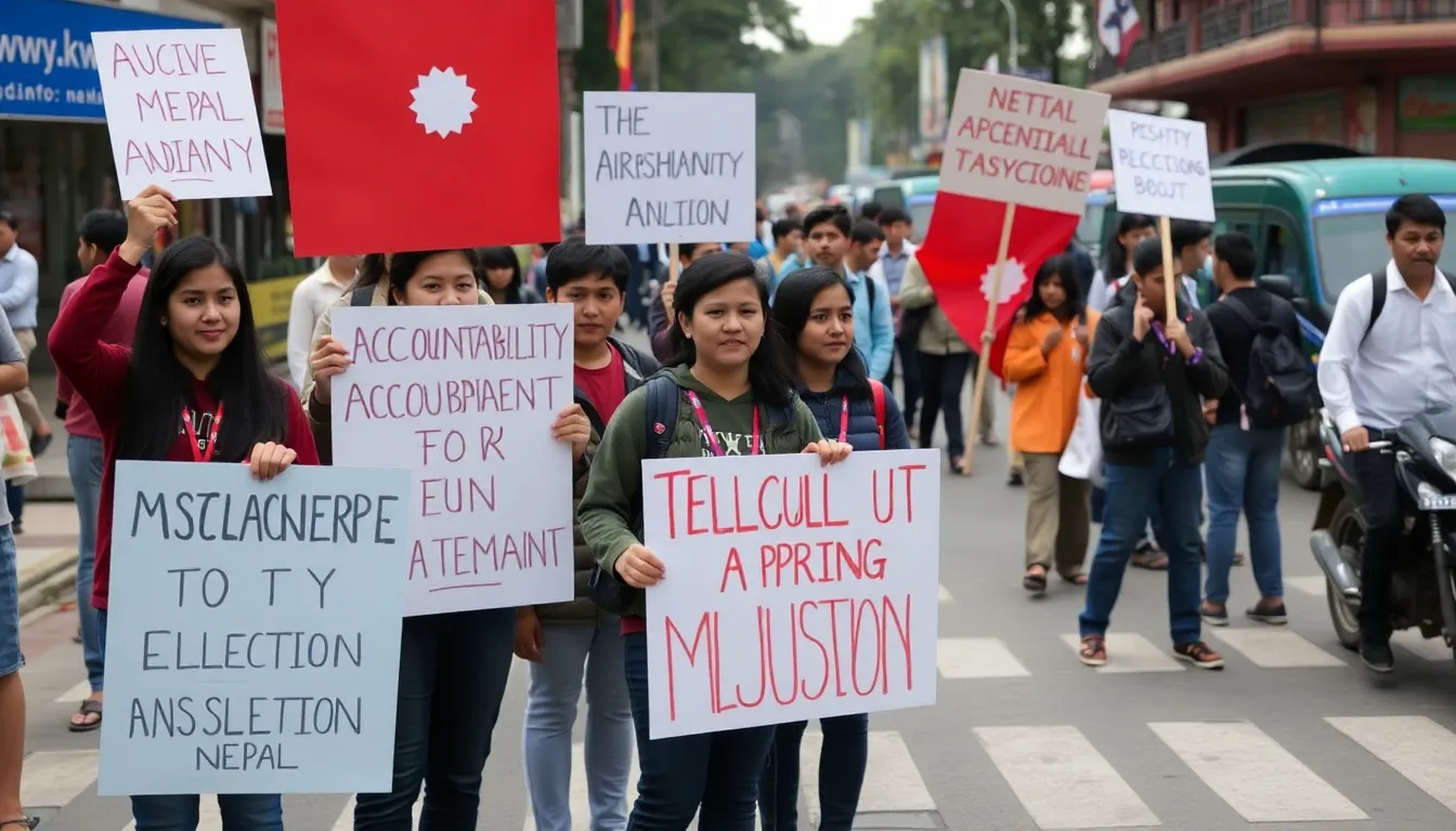 A group of young protesters holds up signs demanding accountability and transparency in Nepal's upcoming elections, reflecting the growing public discontent with political corruption.