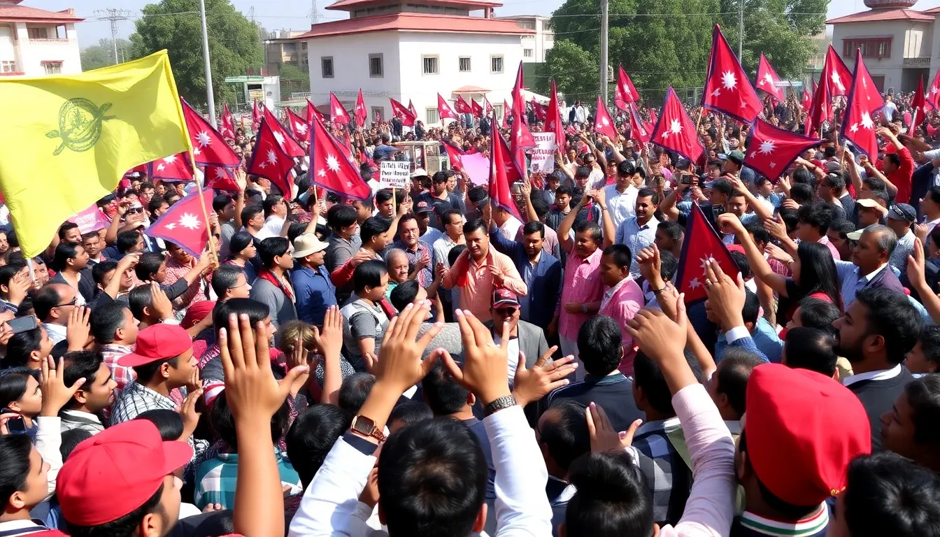 Crowds gather in Kathmandu to celebrate the inauguration of Nepal's new Prime Minister, a former rapper, as he takes the oath of office amidst a backdrop of colorful banners and enthusiastic supporters.