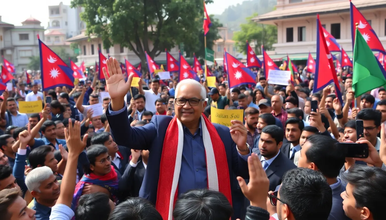 A diverse crowd gathers outside the government building, displaying a mix of enthusiasm and skepticism as they celebrate the inauguration of Nepal's new Prime Minister from the music industry