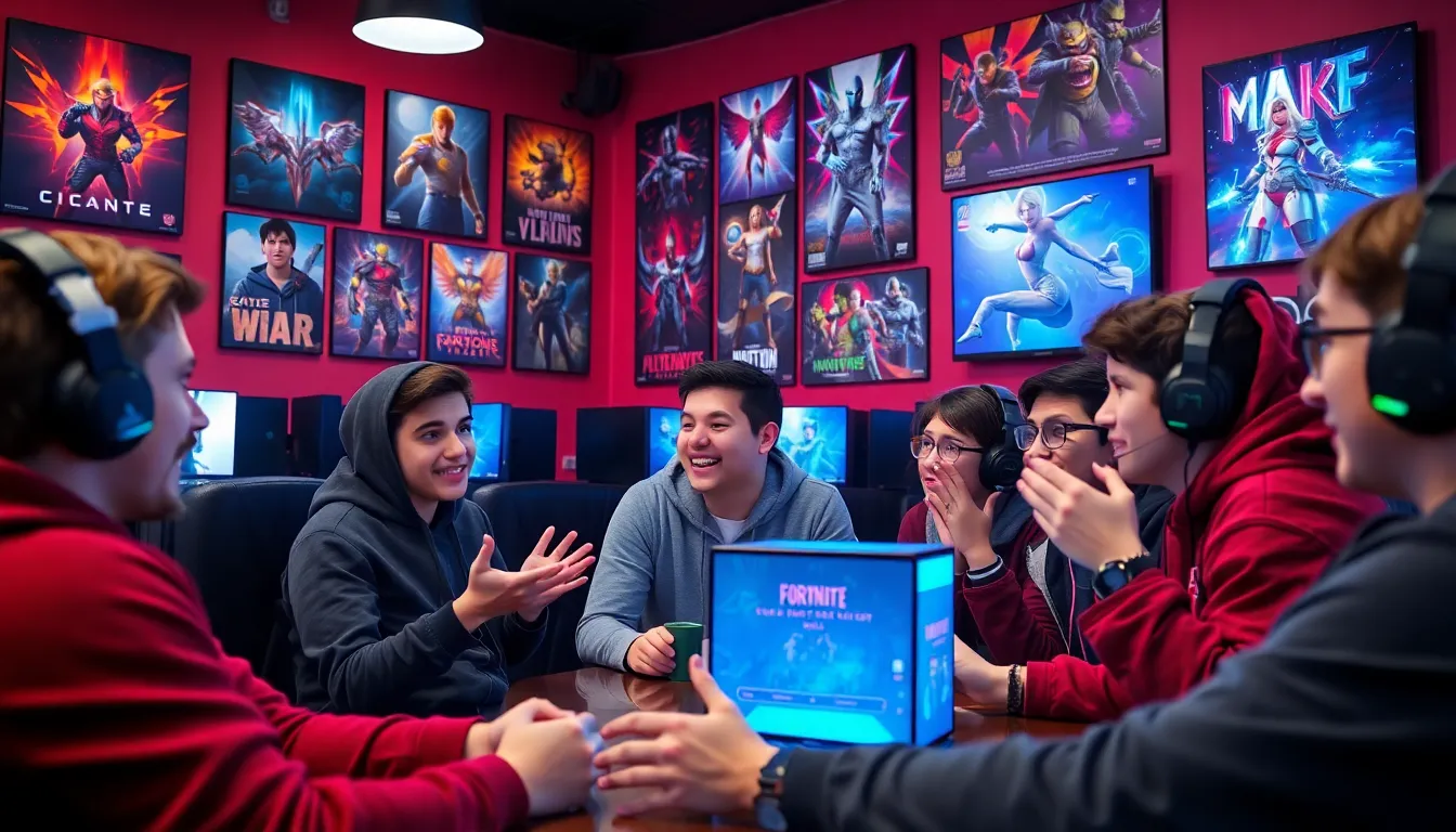 A group of young gamers discusses the new regulations on loot boxes in a lively gaming café, with posters of popular video games adorning the walls.