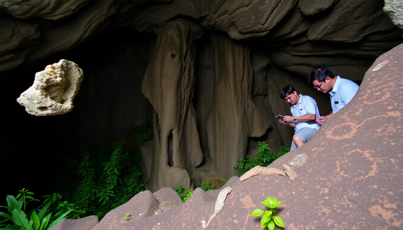 Researchers examine a newly discovered gecko species in one of Cambodia's limestone caves, surrounded by unique rock formations and lush vegetation.