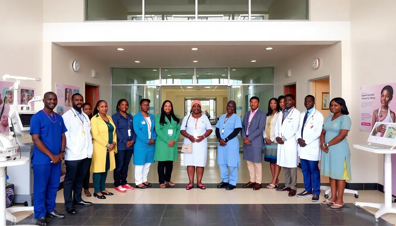 A diverse group of stakeholders, including local community members and health officials, discussing the importance of the hospital in improving maternal health outcomes