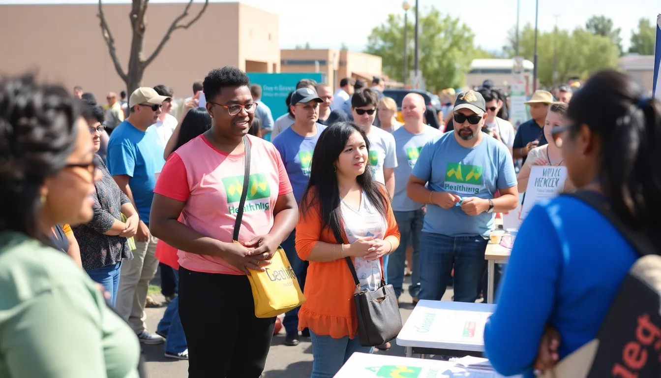 A diverse group of New Mexicans gathers at a community event to learn about health insurance options available through the state's health exchange, BeWellnm.