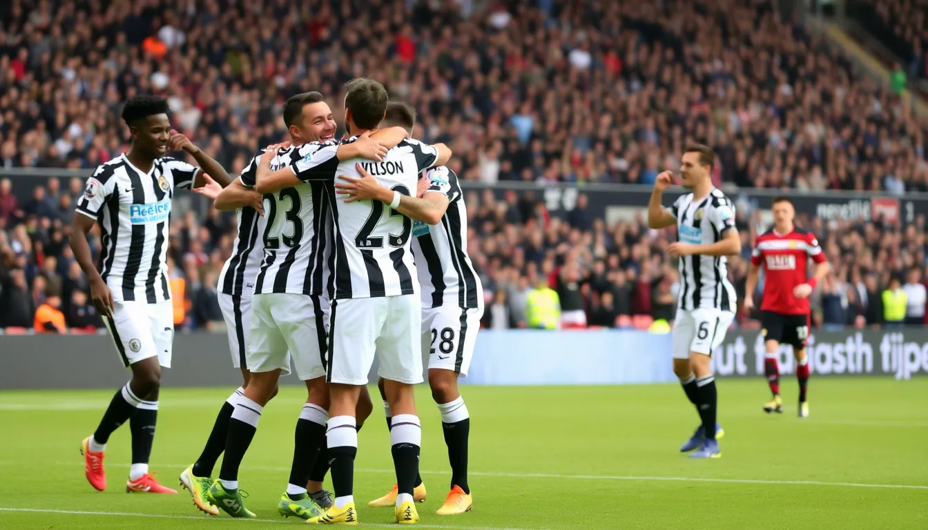 Newcastle players celebrate enthusiastically after Callum Wilson scores the winning goal against Manchester United in a tense match at St James' Park.