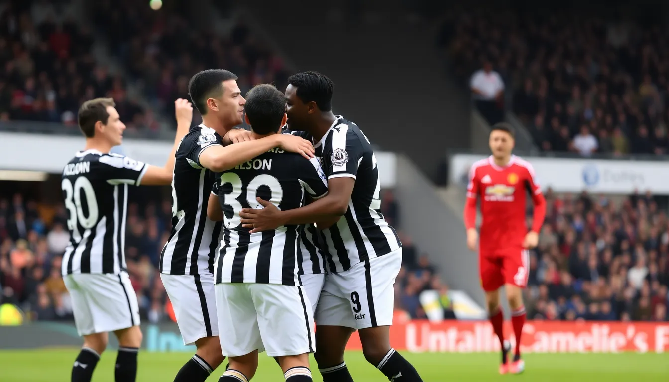 Callum Wilson celebrates passionately after scoring a dramatic late goal that secures victory for Newcastle against Manchester United
