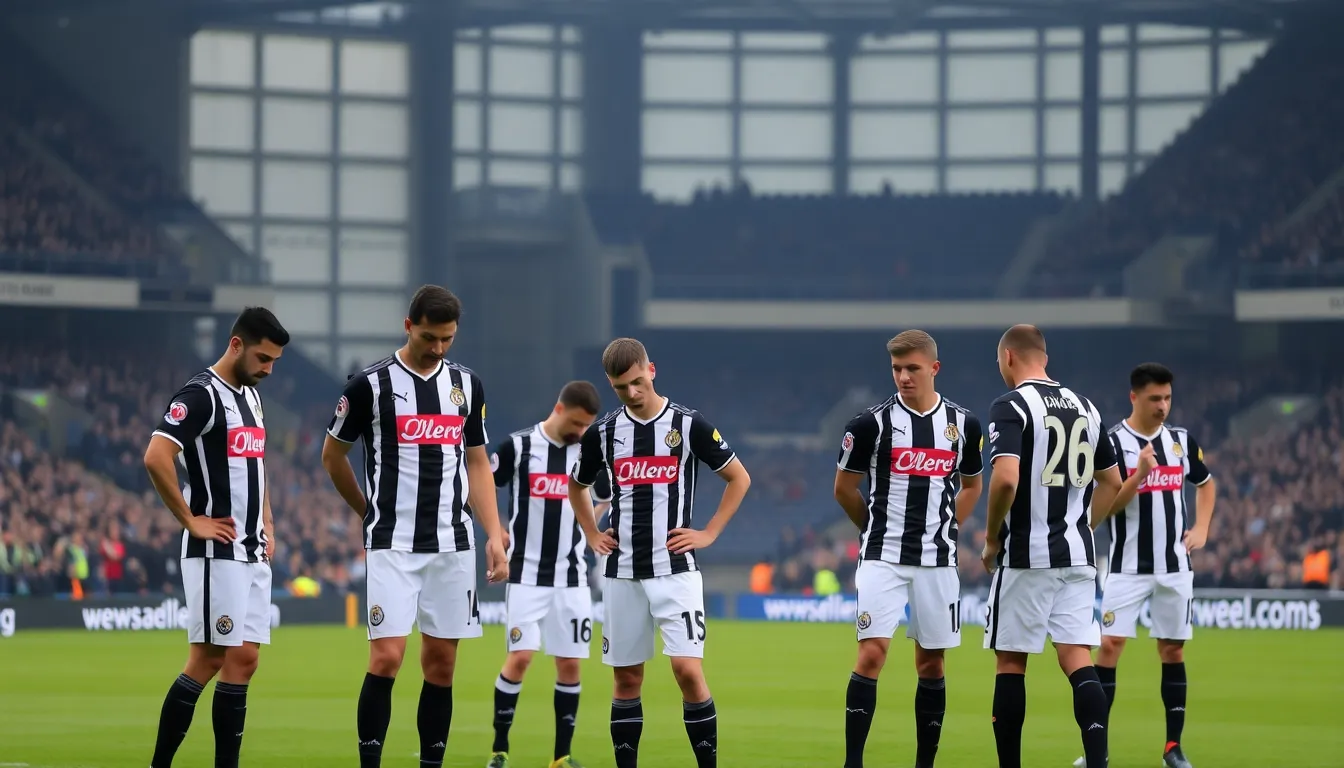 Newcastle United players look dejected on the pitch after suffering a defeat against a midtable rival, reflecting their struggles in the Premier League this season.