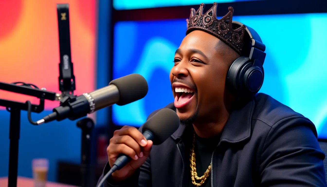 Nick Cannon speaks passionately during a podcast recording, surrounded by microphones and a studio backdrop, as he shares his controversial views on the Democratic Party and expresses support for Donald Trump.
