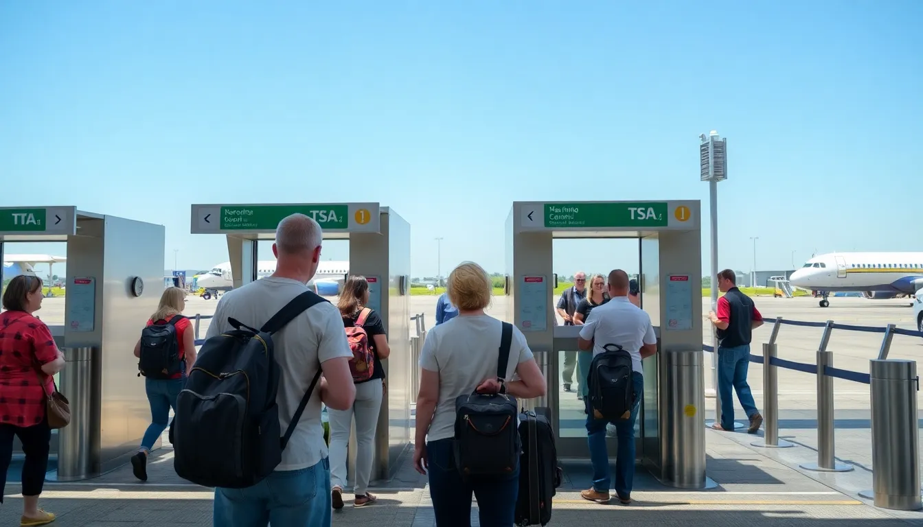 Passengers efficiently moving through a streamlined security process at a regional airport, highlighting the ease of travel