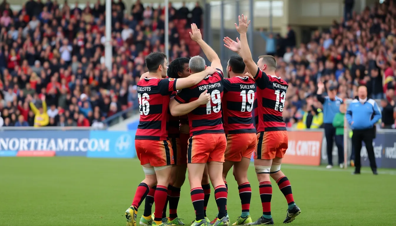 Northampton players celebrate on the field after securing a victory against Saracens, solidifying their position in the top four of the Premiership.