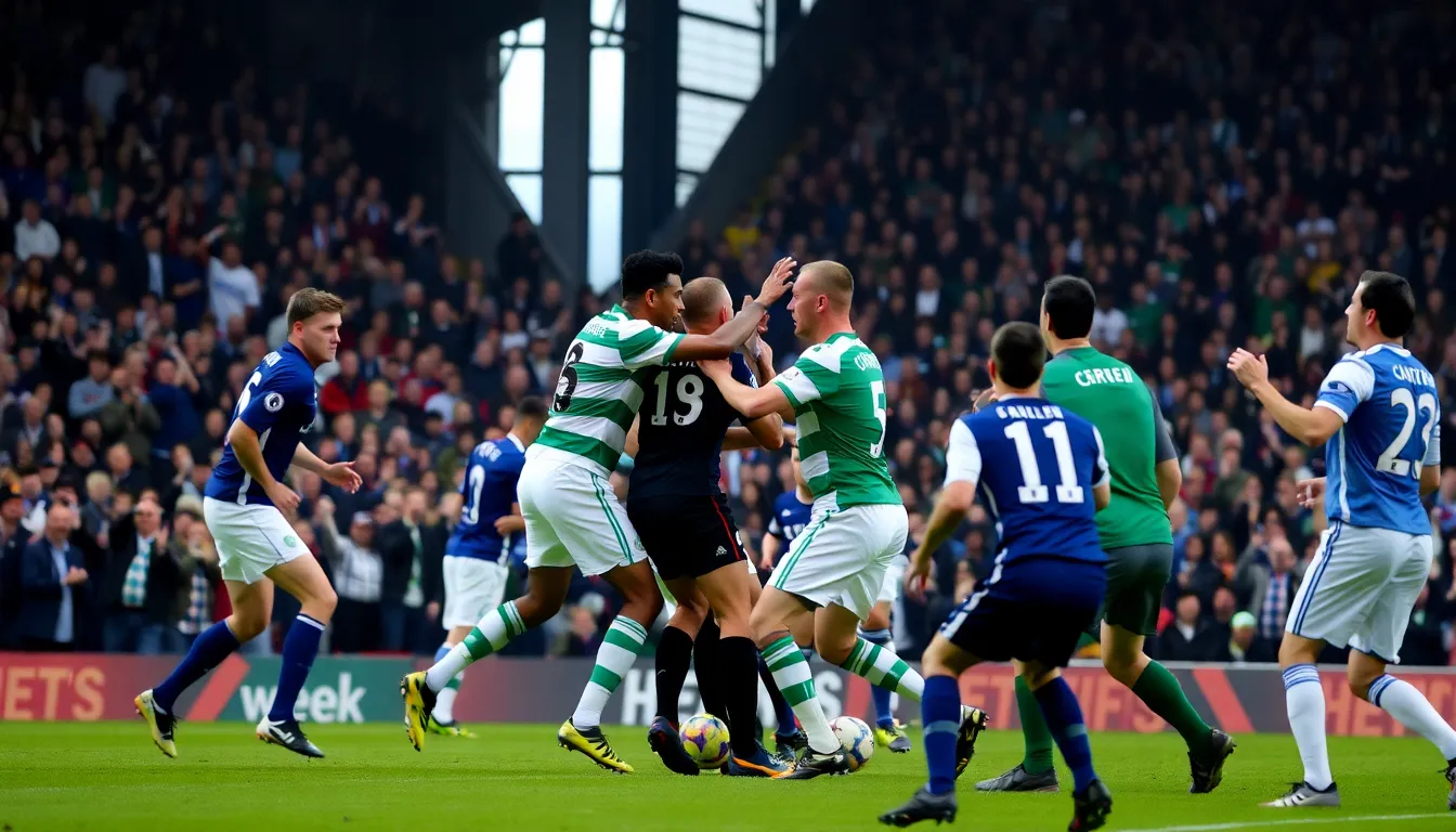 Celtic and Rangers players clash on the pitch during the intense Old Firm cup tie, with fans in the stands passionately supporting their teams.