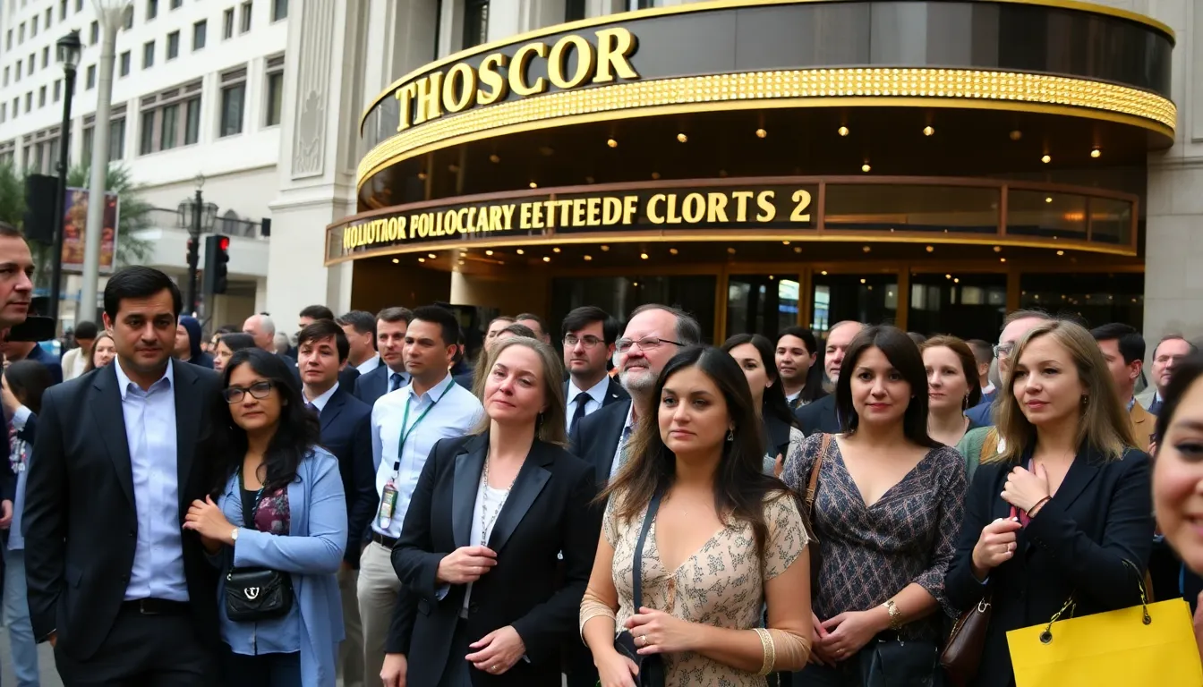 A crowd of industry professionals and fans gathers outside the Dolby Theatre, expressing mixed emotions about the Oscars relocating from Hollywood after more than twenty years.