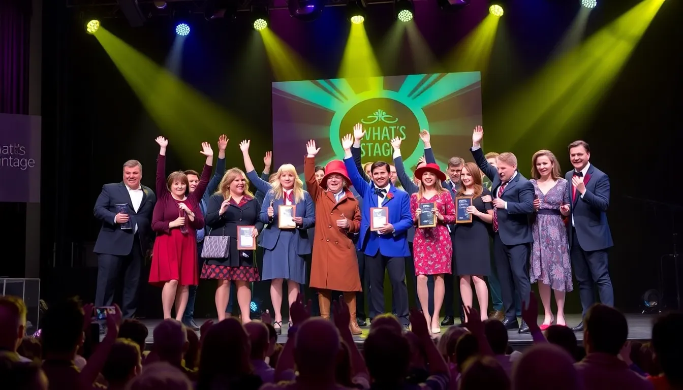 The cast of the Paddington musical celebrates their multiple awards at the WhatsOnStage ceremony, showcasing their excitement and camaraderie on stage.