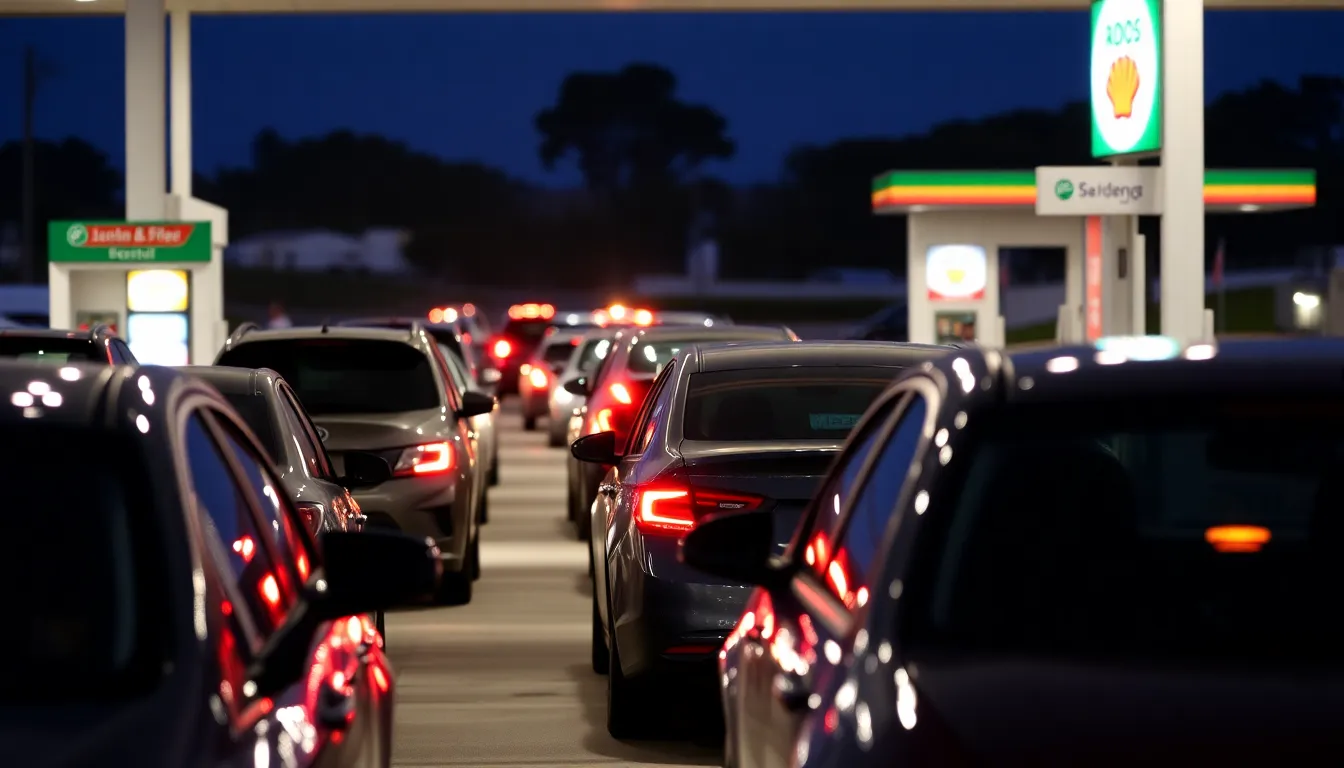 Long queues of cars stretch outside a petrol station as anxious motorists wait to fill their tanks amid fears of fuel shortages in Australia.