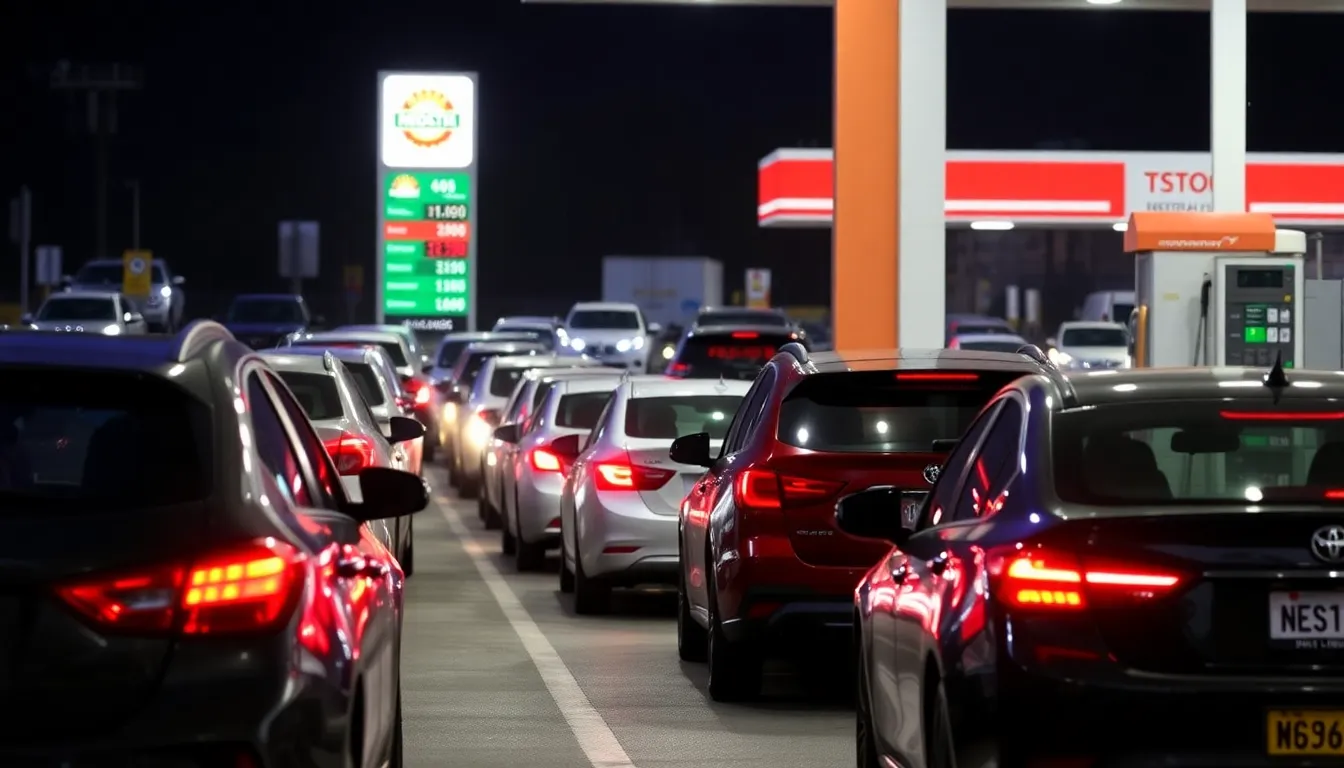 A long line of cars waiting at a fuel station, highlighting the increased demand and anxiety among motorists during the fuel crisis