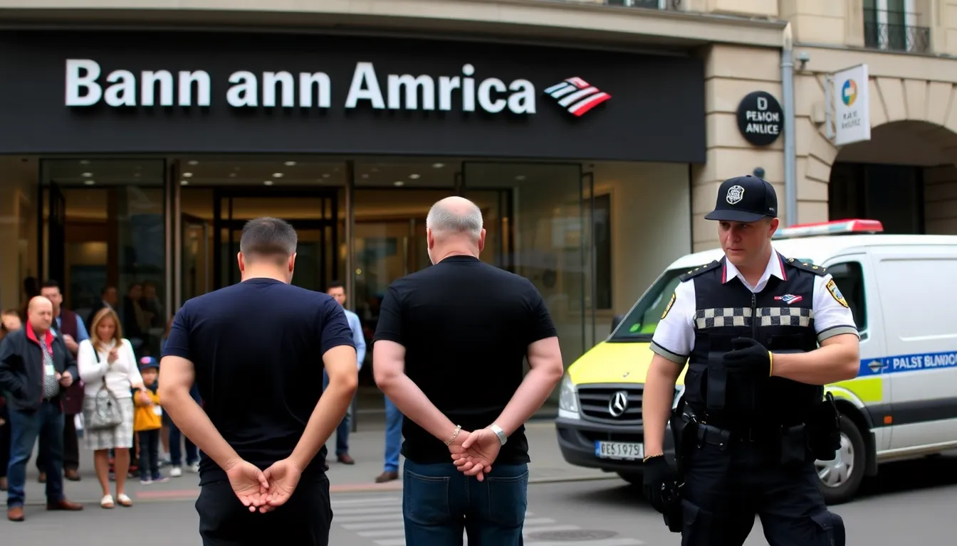 Three individuals are being led away in handcuffs by police outside the Bank of America in Paris following an attempted bombing incident.