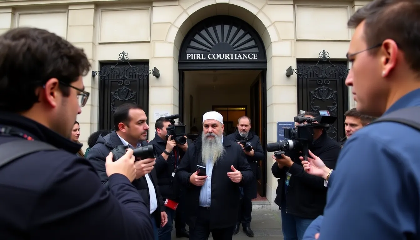 A group of journalists gathers outside a courthouse in Paris, discussing the adjournment of the trial involving an Islamic scholar accused of raping three women.