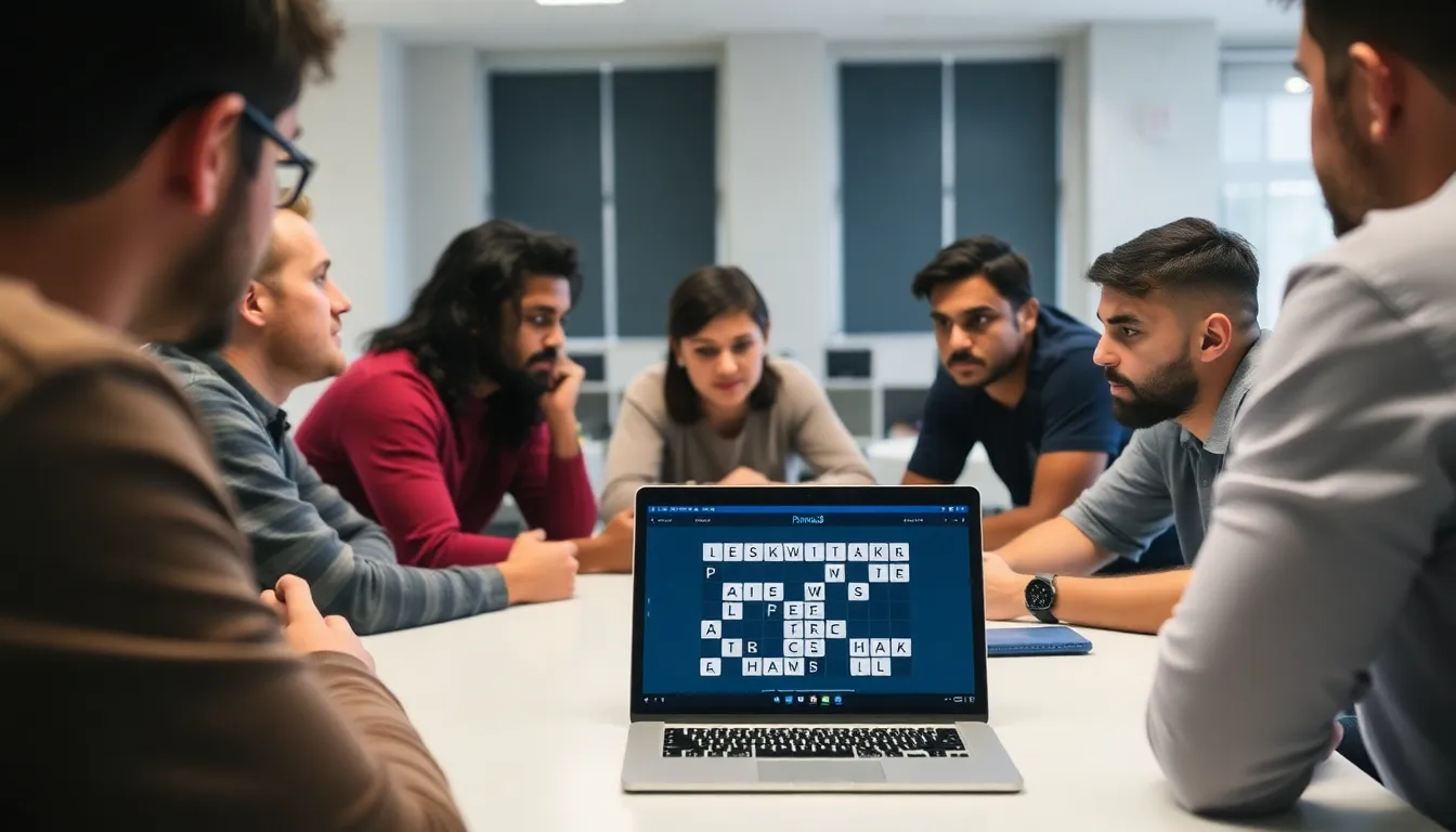 A group of players gathered around a table, intently discussing strategies for the new word puzzle game Parseword, while a laptop displaying the game's interface sits open in front of them.