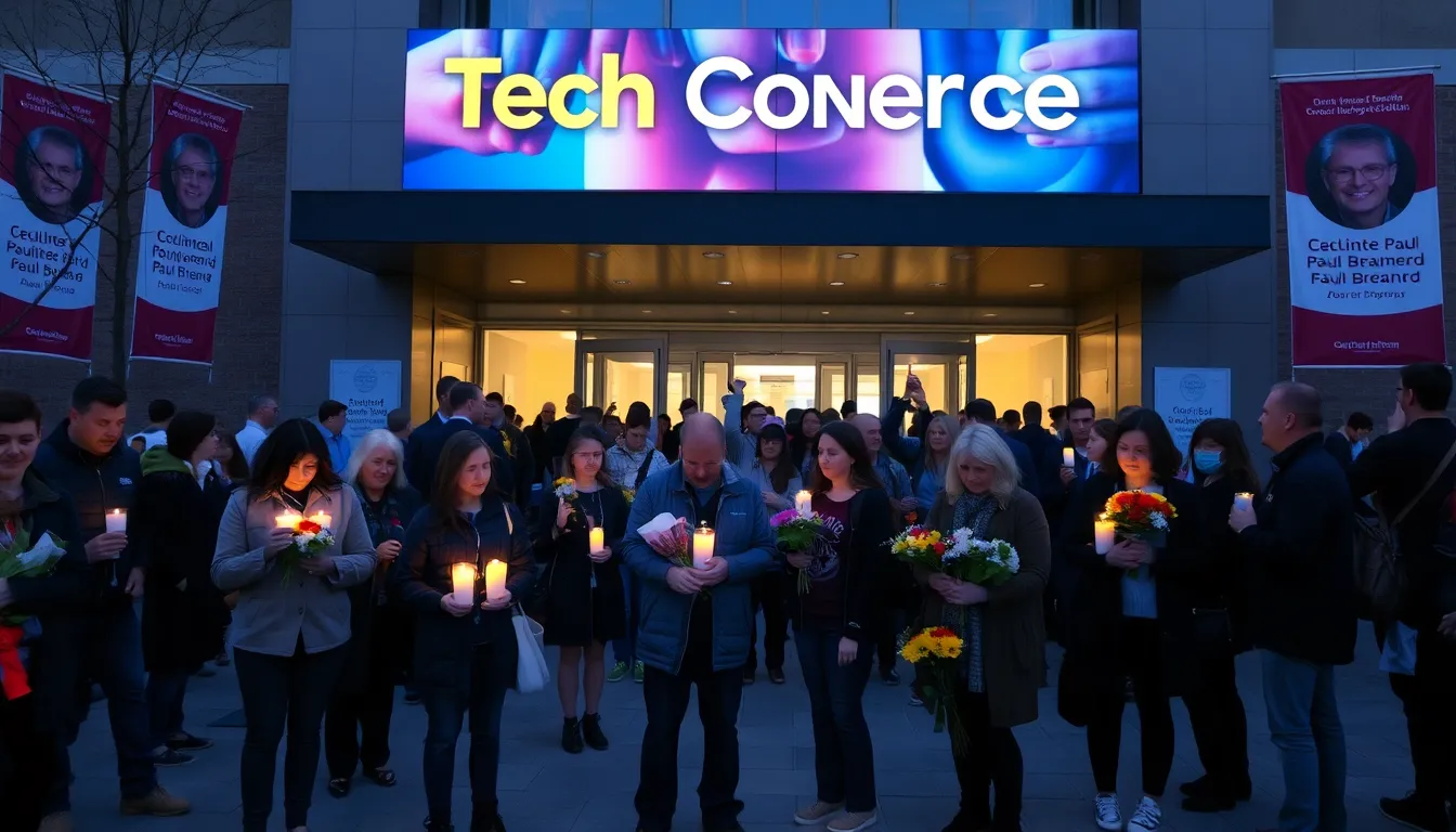 A group of mourners gathers outside a tech conference venue, holding candles and flowers in remembrance of Paul Brainerd, reflecting on his contributions to desktop publishing.