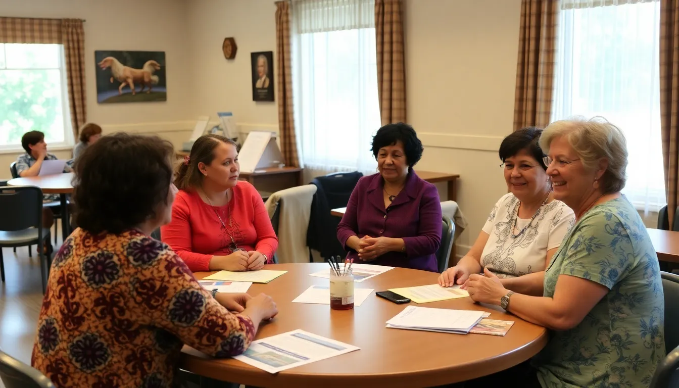 A group of women gather in a community center, discussing health issues and sharing resources inspired by the legacy of Paula DoressWorters and her contributions to women's empowerment.