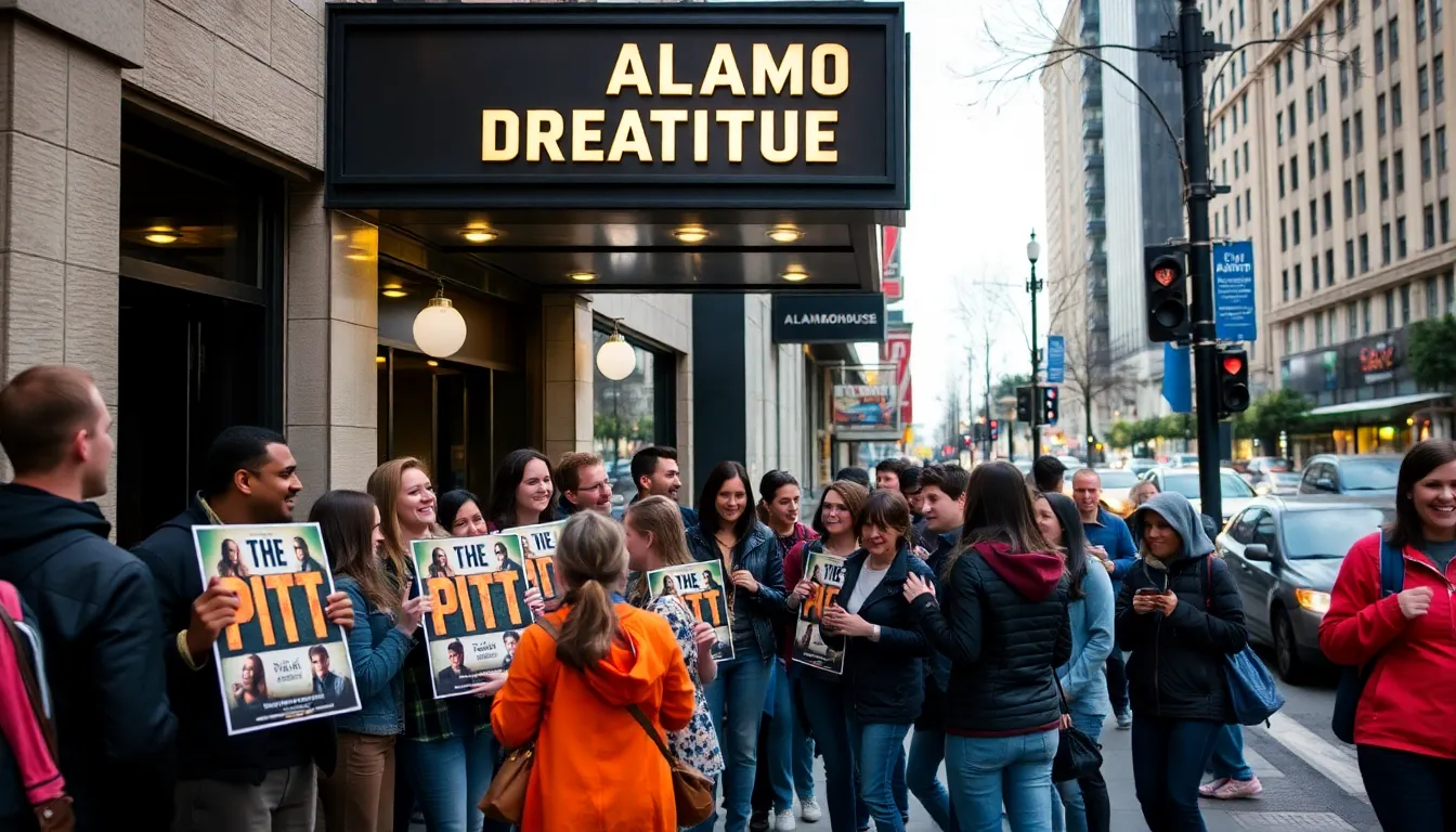 A bustling Alamo Drafthouse filled with enthusiastic viewers enjoying food and drinks while anticipating the season finale screening