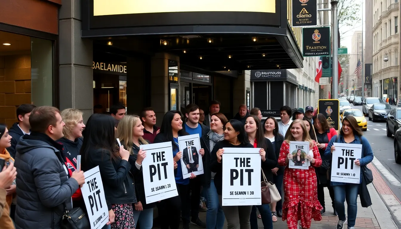 Fans gather excitedly outside an Alamo Drafthouse theater, eagerly awaiting the screening of 'The Pitt' season 2 finale.