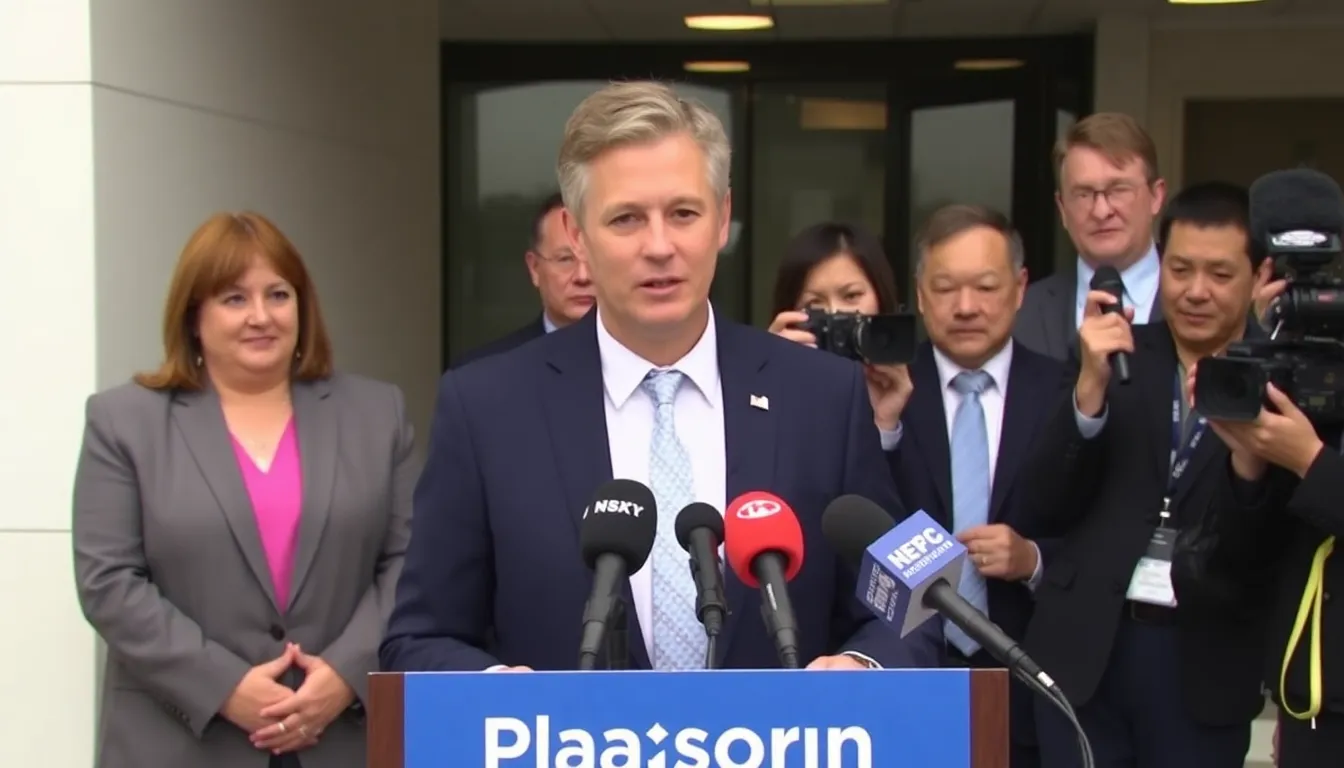 A health official addresses concerns about plasma donation safety during a press conference in Toronto, with reporters and cameras capturing the moment.