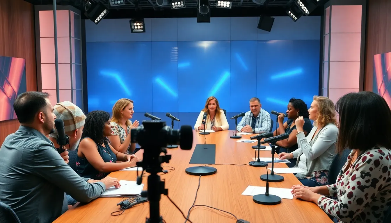 A group of people sits around a table in a brightly lit studio, discussing topics for a live talk show, with microphones and cameras set up in front of them.