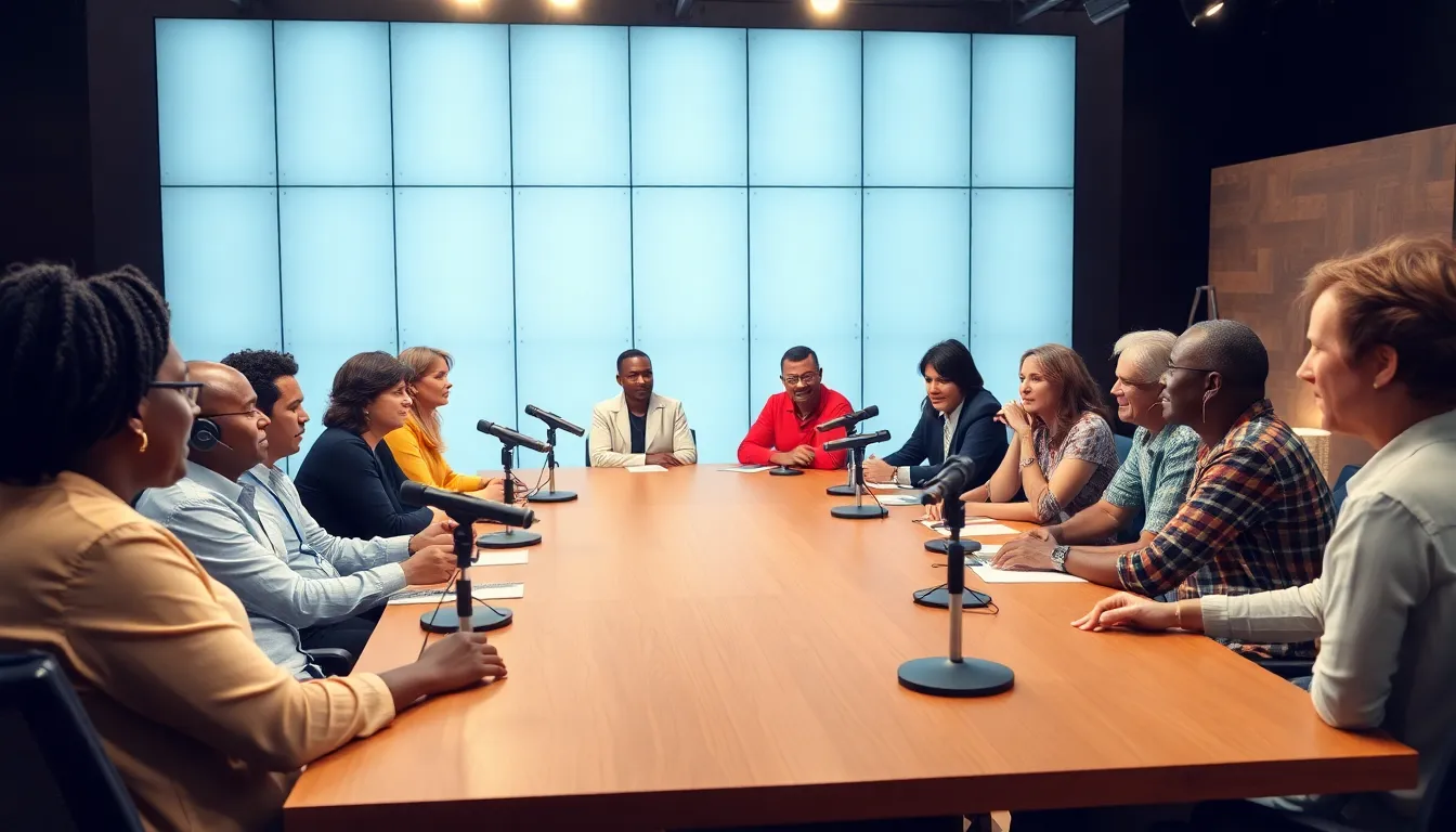 A diverse group of content creators brainstorming ideas for new podcast episodes, reflecting the collaborative nature of the medium