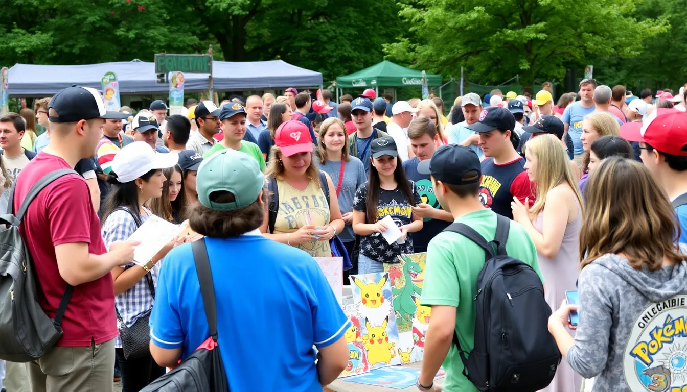 A diverse group of fans gathers at a celebration event, sharing stories and memorabilia to commemorate the 30th anniversary of Pokémon.