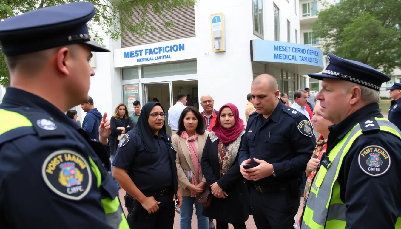 Police officers are seen interviewing a group of concerned patients outside a medical facility amid allegations of improper breast cancer treatments.