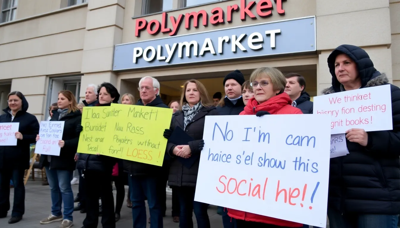 A group of concerned individuals gathers outside the Polymarket headquarters, holding signs that demand accountability for the spread of misinformation on social media.
