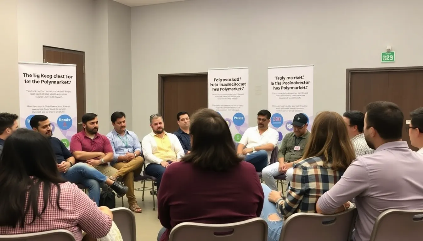 Investors discussing the impact of misinformation on their trading strategies during a crowded event focused on prediction markets
