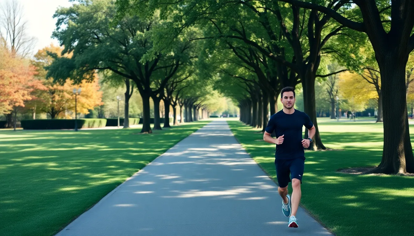 A person wearing the new Powerbeats Fit earbuds is jogging in a park, showcasing the earbuds' sleek design and comfort during an intense workout.