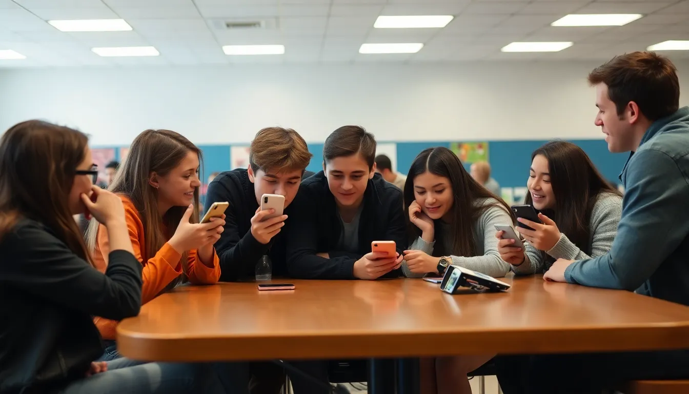 A group of teenagers sits together in a school cafeteria, some looking at their phones while others engage in conversation, reflecting the social dynamics and pressures they face regarding sharing personal images.