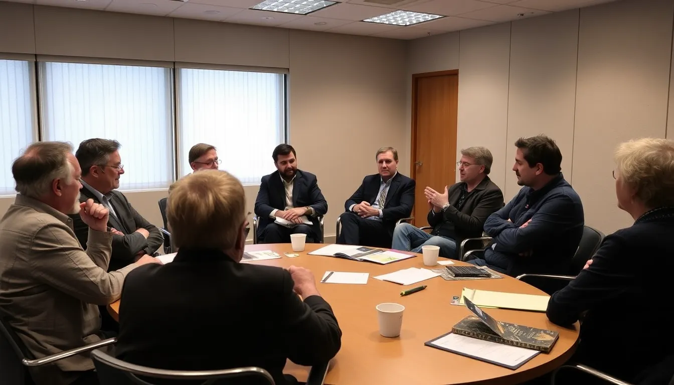 A publishing house's office filled with staff members deliberating on the ethical considerations of using AI in literature