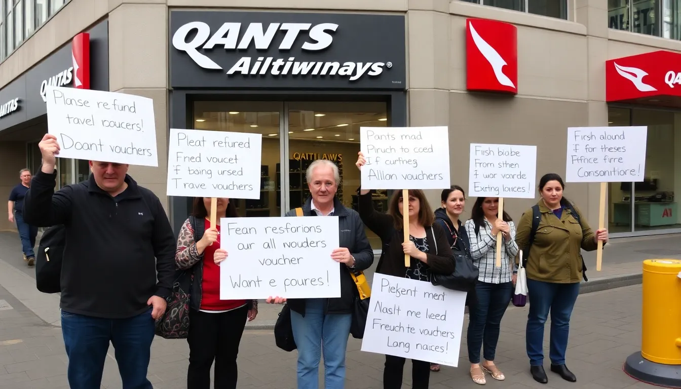 A group of frustrated travelers stands outside a Qantas Airways office, holding signs demanding refunds for their unused travel vouchers amid ongoing scrutiny of the airline's customer service practices.