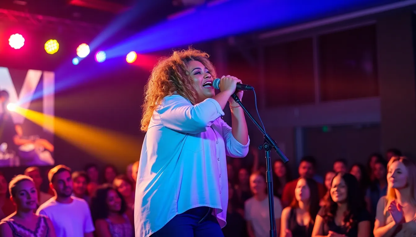 Raye performs passionately on stage, captivating the audience with her powerful voice during the launch event for her new album.