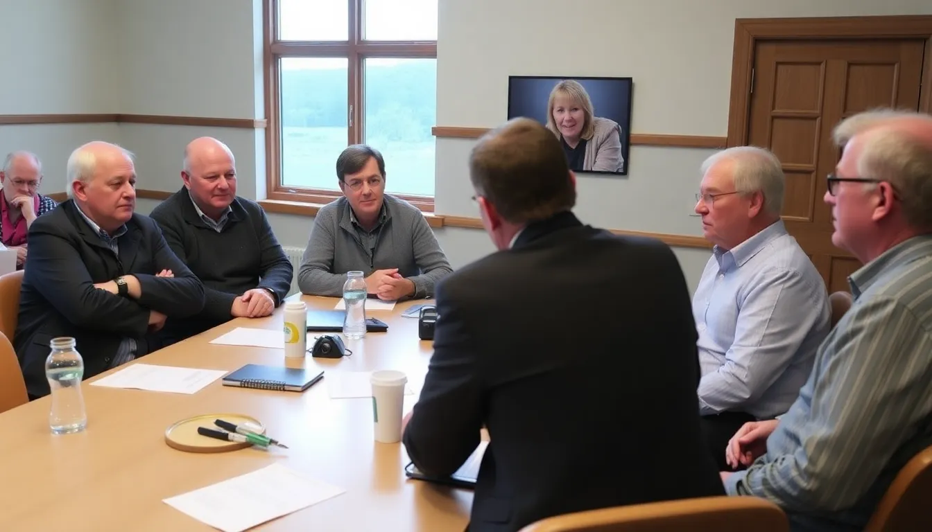 A group of local officials and business leaders discusses the implications of the blocked £1.5 billion Chinese investment proposal during a meeting in a Highland community center.