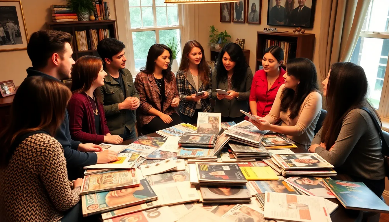 A group of people gathers around a table filled with various print magazines, discussing the recent resurgence of print media in a digital world.