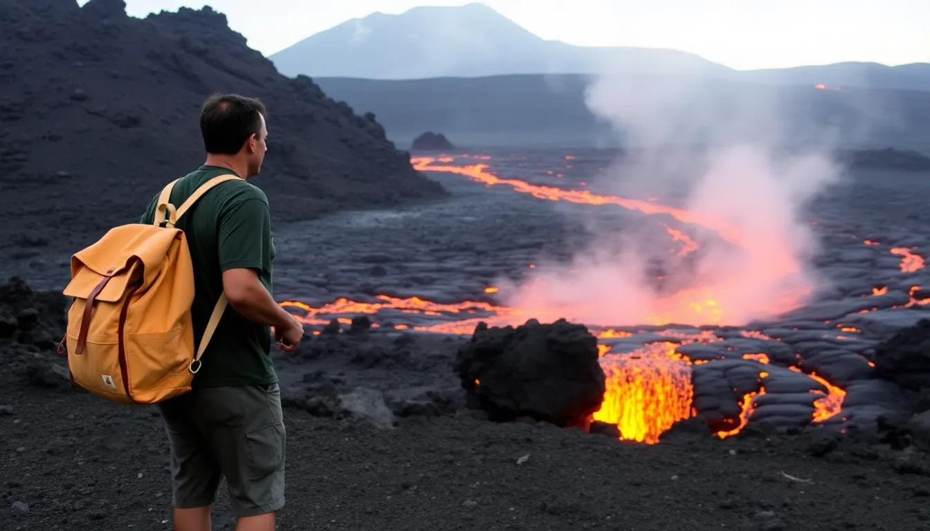 A resident stands perilously close to a flowing river of bright orange lava from the erupting Piton de la Fournaise volcano on Reunion Island.