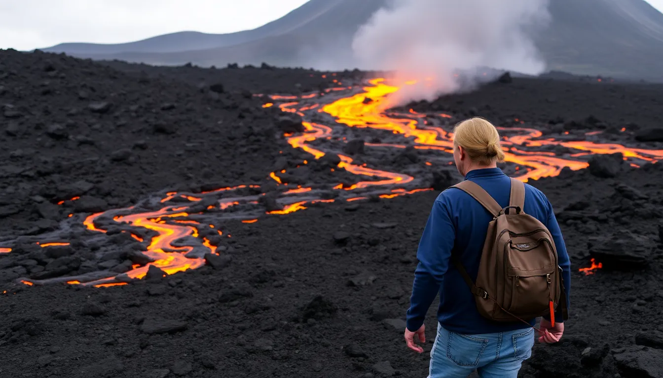Smoke and ash fill the sky as lava advances toward nearby homes, highlighting the eruption's threat to local communities