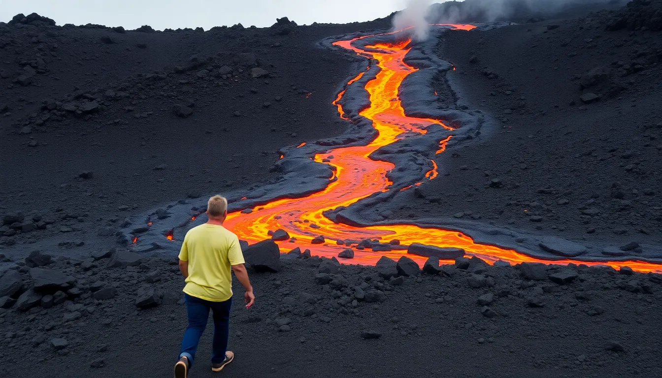 Tourists gather at a safe distance to witness the dramatic volcanic activity, showcasing the duality of danger and allure on Reunion Island