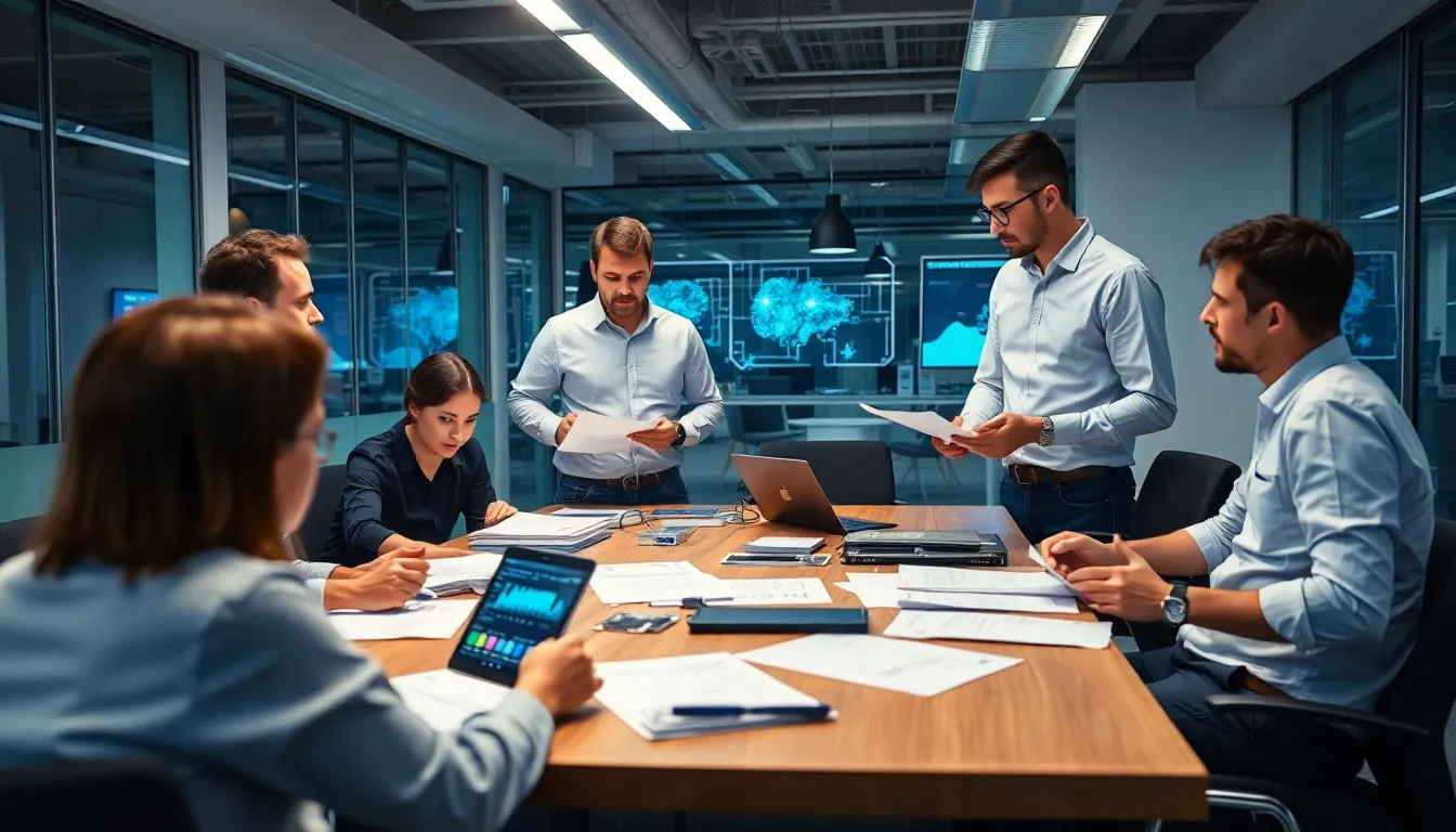 A group of engineers collaborates in a modern office, discussing the latest advancements in artificial intelligence and quantum computing.