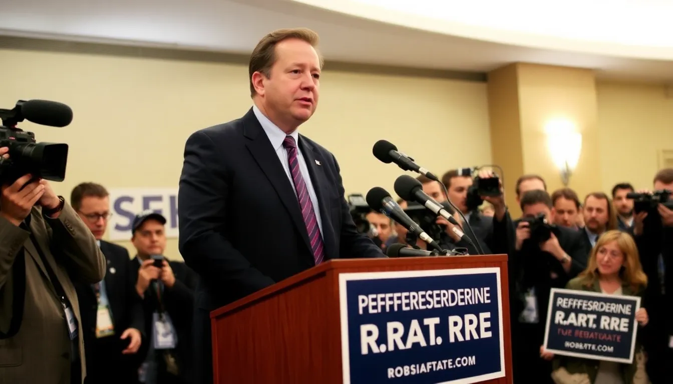 Rob Schneider speaks at a press conference advocating for the restoration of the military draft in response to rising tensions with Iran, surrounded by reporters and cameras.