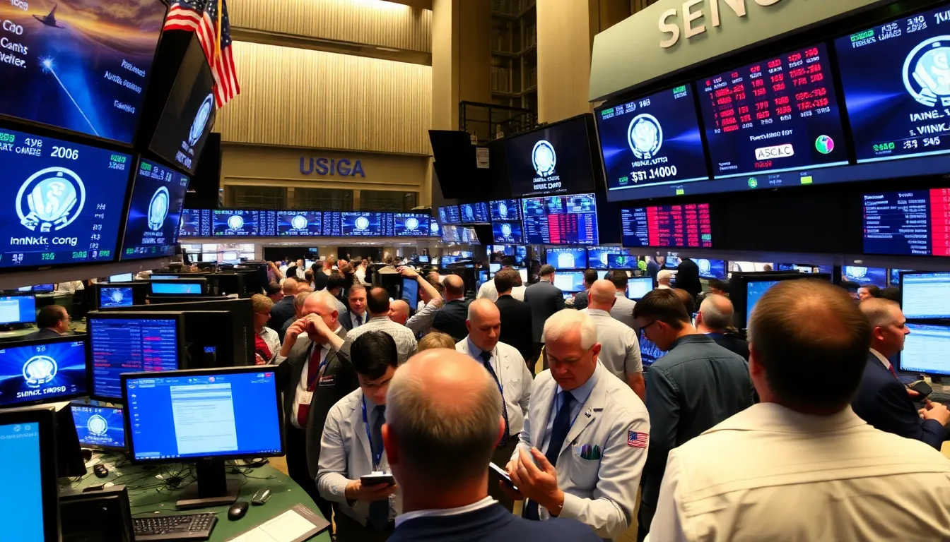 A bustling stock exchange floor is filled with traders reacting to the surge in rocket stocks following news of SpaceX's plans for a public share sale.
