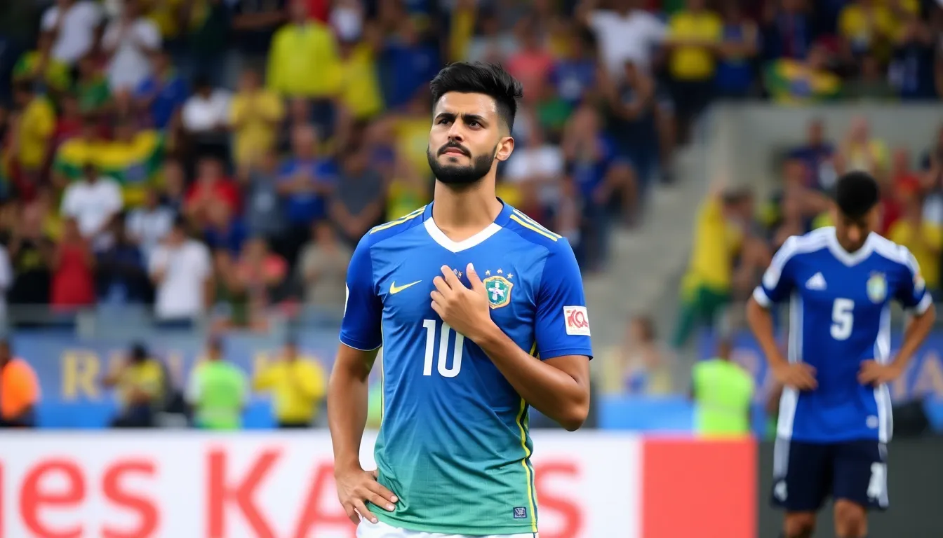 Rodrygo stands on the field with a pained expression, visibly upset after Brazil's unexpected elimination from the World Cup following a penalty shootout against Croatia.