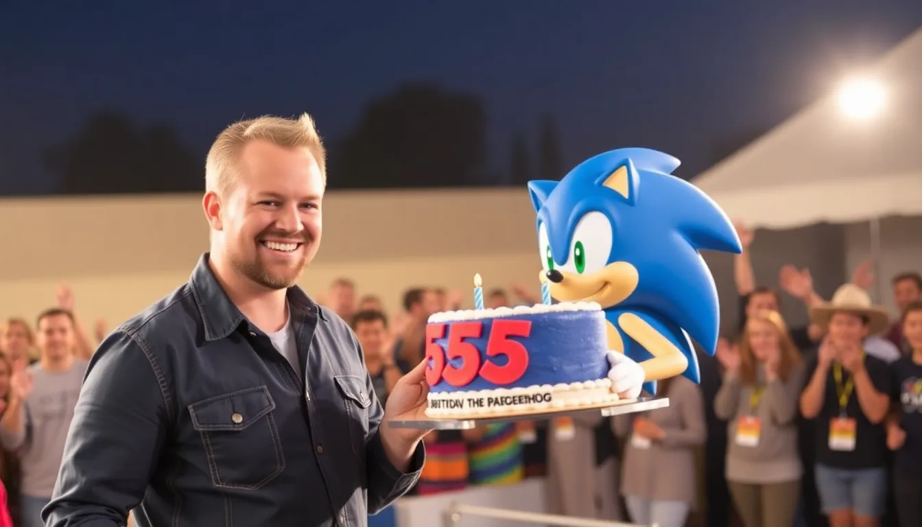 Roger Craig Smith stands on stage, smiling and holding a Sonic the Hedgehog cake while fans cheer during the 35th birthday celebration of the iconic video game character.