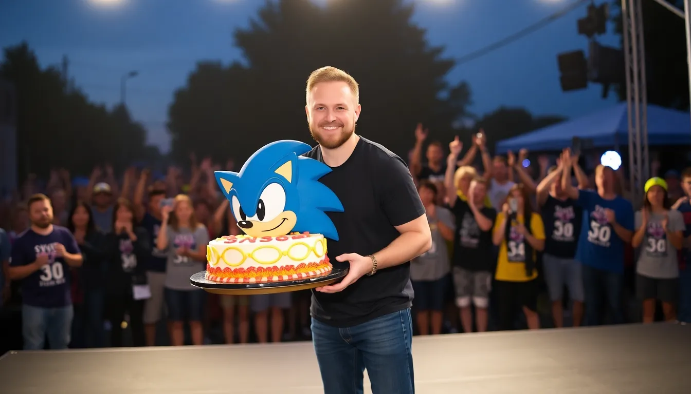 A vibrant fan event showcases various Sonicthemed decorations and activities, capturing the enthusiasm surrounding the franchise's anniversary