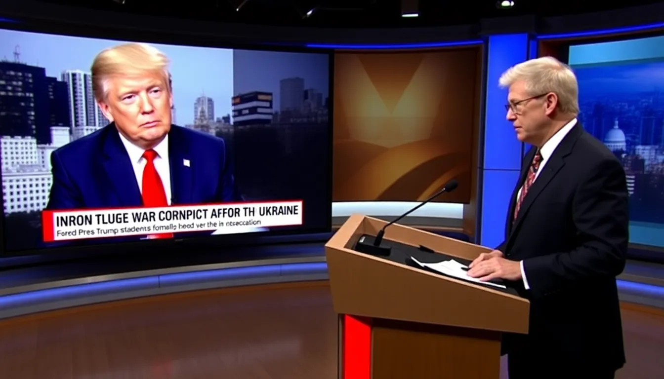 Global leaders and diplomats observing Trump's statements during a press conference, highlighting the international implications of his mixed messages